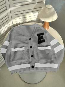 SHEIN Unity 女式休闲拼色双口袋字母压纹纽扣正面开衫，秋冬 - 灰色 - 查看 6