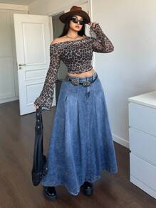 SHEIN ICON 大码蓝色休闲宽松 A 字牛仔裙 复古牛仔万圣节服装 复古优雅女式高腰休闲 A 字喇叭裙 返校节外出裙 圣诞服装 秋季裙 秋装 感恩节裙 栗色裙 秋季长裙 冬裙 冬季女装 - 藍色 - 查看 6