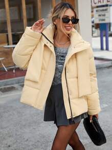 GENKIRA Áo khoác phao cổ cao rộng rãi màu trơn có mũ trùm đầu, áo khoác đệm đa năng thường ngày mùa đông - Màu be - Xem 4