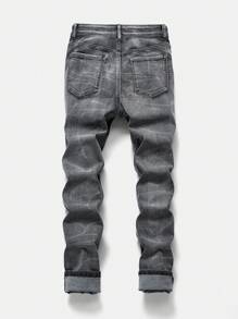青少年男孩街头时尚 Y2K 破洞拼布洗水牛仔裤 - 灰色 - 查看 2