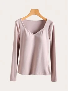 SHEIN BASICS Casual Solid Color Knit Long Sleeve Sweetheart Neck Fitted Women T-Shirt - Apricot - View 9