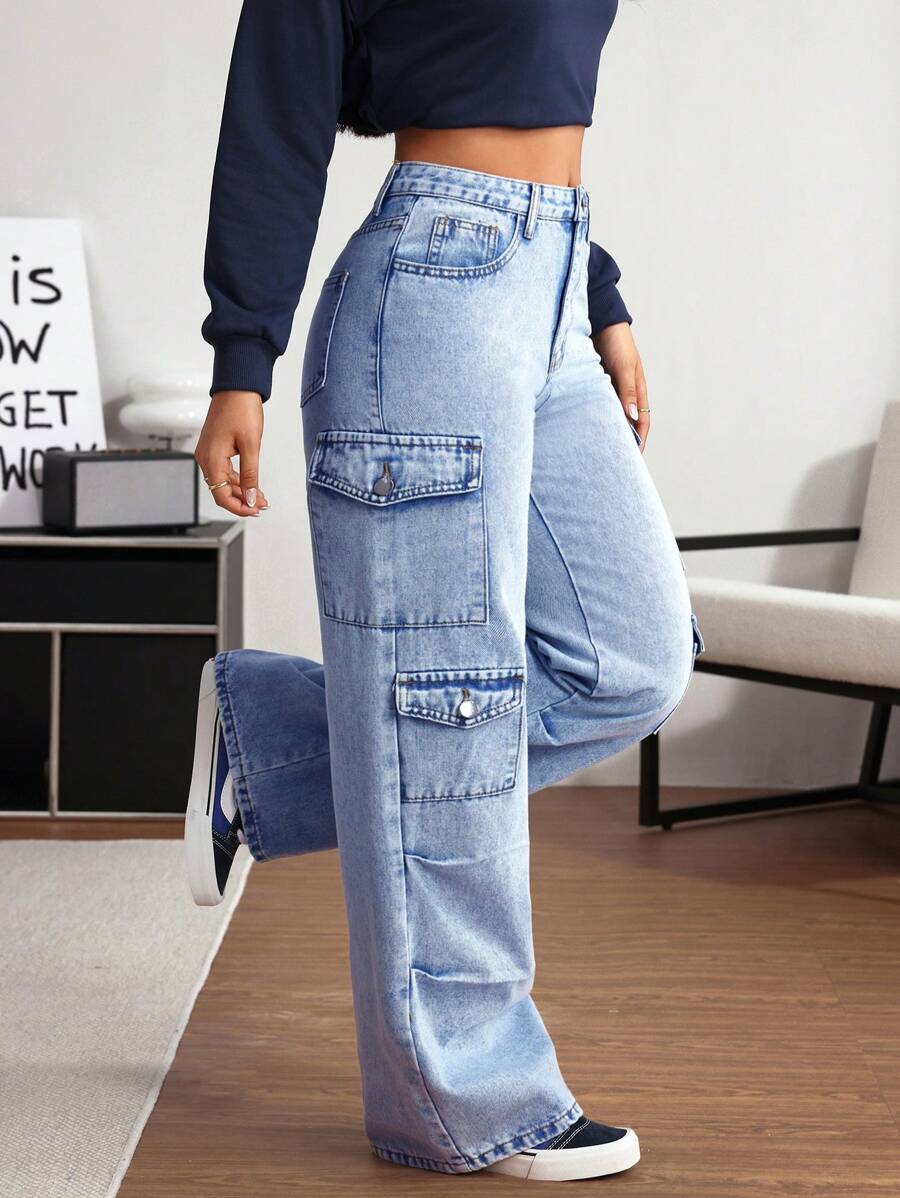 SHEIN Tall Front Button Closure Multi-Pocket Simple Design Casual Cargo Jeans - Blue - View 1