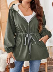 SHEIN LUNE Plus Size Drawstring Hooded Long Sleeve Fleece Casual Loose Lightweight Coat Winter Women Fuzzy Winter Hoodie Green Holiday - Army Green - View 6
