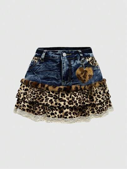 Kawaii Plus Size Leopard Print Contrast Lace Cute Pendant Denim Mini Skirt