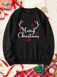 Manfinity Homme 时尚休闲圣诞鹿图案印花宽松落肩圆领套头羊毛运动衫 - 黑色 - 查看 3