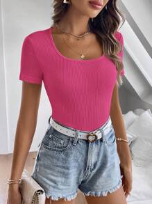 SHEIN Clasi Áo thun tay ngắn cổ tròn sọc trơn đơn giản - Màu Hồng Tươi - Xem 5