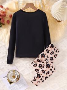 Girls Leopard Print, English Letter & Coffee Cup Graphic Snug Fit Pants, Animal Pattern Homewear - Multicolor - View 2