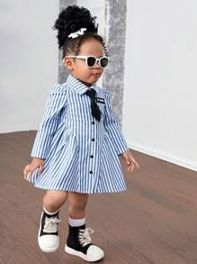 Bubblio Baby Girl Woven Long Sleeve Striped Collared Fitted Casual Dress (Tie Not Included) - Blue - View 8