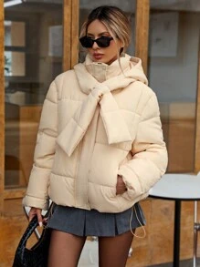 GENKIRA Áo khoác phao cổ cao rộng rãi màu trơn có mũ trùm đầu, áo khoác đệm đa năng thường ngày mùa đông - Màu be - Xem 3