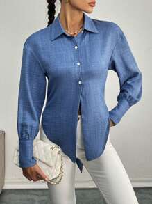 SHEIN Unity Women's Bow Back Long Sleeve Blouse - Dusty Blue - View 3