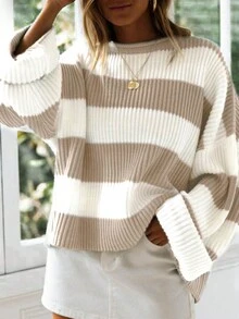 Áo len sọc cổ tròn dài tay thả vai rộng rãi cho nữ, thường ngày cho mùa thu/đông, áo tay ba phần tư - Bụi tím - Xem 4