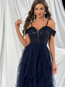 QOQ 女神优雅蓝色拼接网眼露肩女士礼服，适合舞会、鸡尾酒会和派对 - 寶藍色 - 查看 6