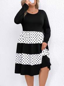 SHEIN Clasi Plus Size Mid-Length Contrast Polka Dot Print Slimming Dress - Multicolor - View 5