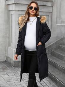 SHEIN Maternity Winter Casual Drawstring Waist Patch Pocket Fluffy Hooded Long Coat - Black - View 5