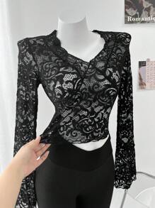 DAZY Women's Sexy Slim Fit V-Neck Lace Long Sleeve Top, Spring & Summer Going Out Tops Sheer,Fall Clothes Valentine's Day - Black - View 4