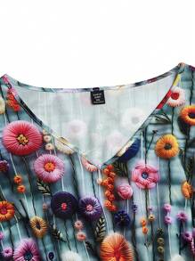 SHEIN LUNE 圆领 3/4 袖 A 字形花卉印花优雅浪漫大码女式派对连衣裙 - 彩色 - 查看 7