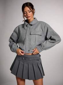 SHEIN BAE Áo khoác nữ dáng ngắn, màu trơn, có túi gập, vai rớt, dáng rộng, màu xám, dày dặn, ấm áp, thích hợp cho mùa đông, Lễ Tạ ơn và Halloween. - Xám - Xem 1