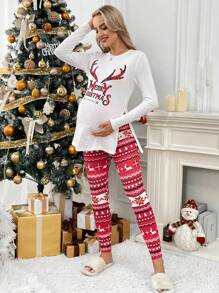 SHEIN Maternity Christmas Lettered Side Slit Long Sleeve Shirt And Christmas Red Leggings 2pcs Set, Autumn - Multicolor - View 4