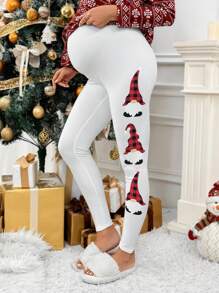 SHEIN Maternity Adjustable Waist Casual Christmas Cartoon Print Leggings - White - View 5
