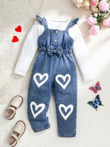 女童休闲宽松玫瑰红色爱心印花牛仔连体裤 - 中等水洗藍 - 查看 1