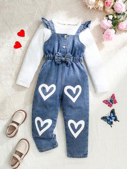 女童休闲宽松玫瑰红色爱心印花牛仔连体裤