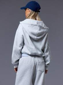 MUSERA Cropped Letter Zip Up Hoodie - Light Grey - View 3