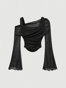 SHEIN MOD Áo cánh tay loe lưới hở vai màu đen, cho buổi hẹn hò, tiệc tùng, thanh lịch, ngày lễ, những dịp trang trọng, trang phục khoét rỗng, trang phục công chúa cho phụ nữ, trang phục bãi biển cho phụ nữ, trang phục nữ thần Hy Lạp, áo dạ hội hóa trang, áo đính đá, phong cách Goth - màu đen - Xem 2