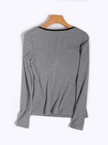 SHEIN BASICS Áo kiểu nữ dáng ôm, màu trơn, cổ tim, tay dài, chất liệu dệt kim. - Màu xám đen - Xem 2