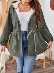 SHEIN LUNE Plus Size Drawstring Hooded Long Sleeve Fleece Casual Loose Lightweight Coat Winter Women Fuzzy Winter Hoodie Green Holiday - Army Green - View 4