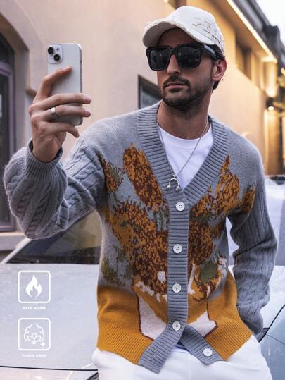 Manfinity CityGents Men's Floral Pattern Long Sleeve Single Breasted Casual Cardigan, Autumn/Winter Graphic Going Out Drop Shoulder Chunky Casual Grey Cardigan, For Husband, Boyfriend Gifts