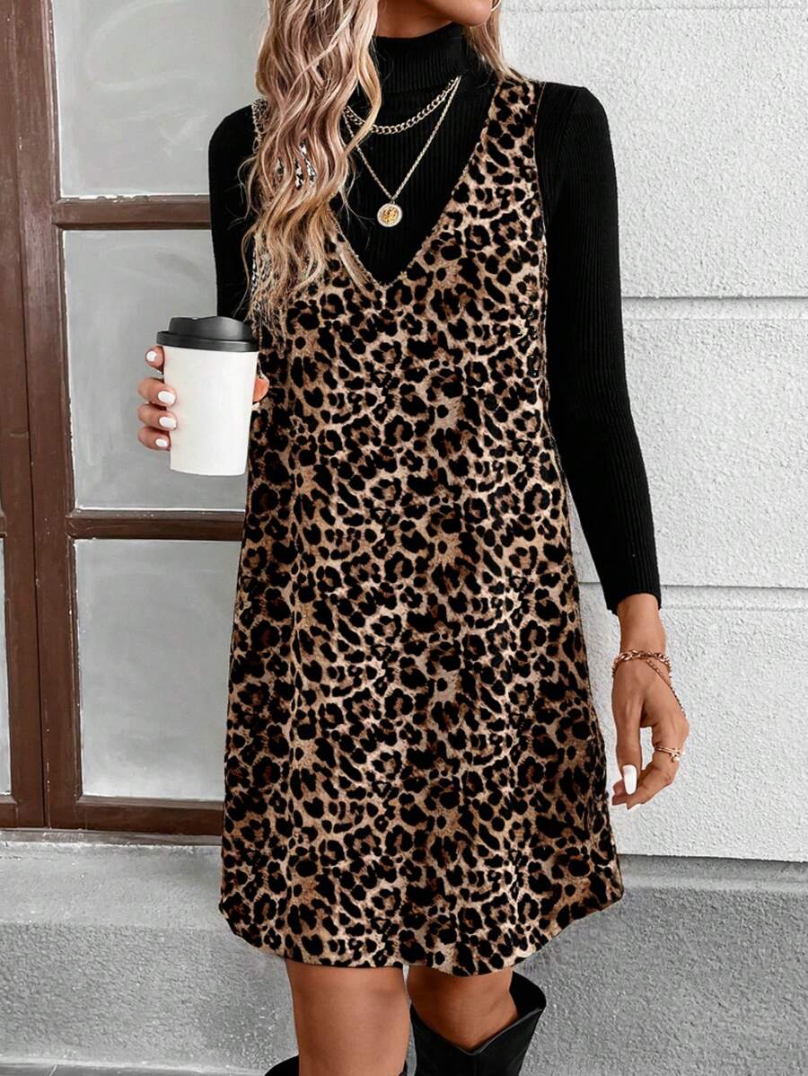 SHEIN LUNE 女士休闲宽松豹纹简约连衣裙，适合秋冬季 - 彩色 - 查看 1