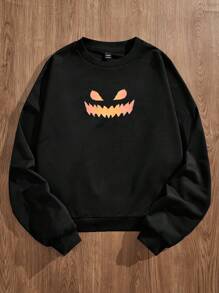 Manfinity VCAY Men Casual Loose Knitted Long Sleeve Halloween Graphic Pullover Sweatshirt, For Fall Winter - Black - View 3