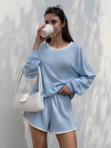 INAWLY 2 件女式不对称领宽松长袖上衣和短裤休闲套装，春秋季