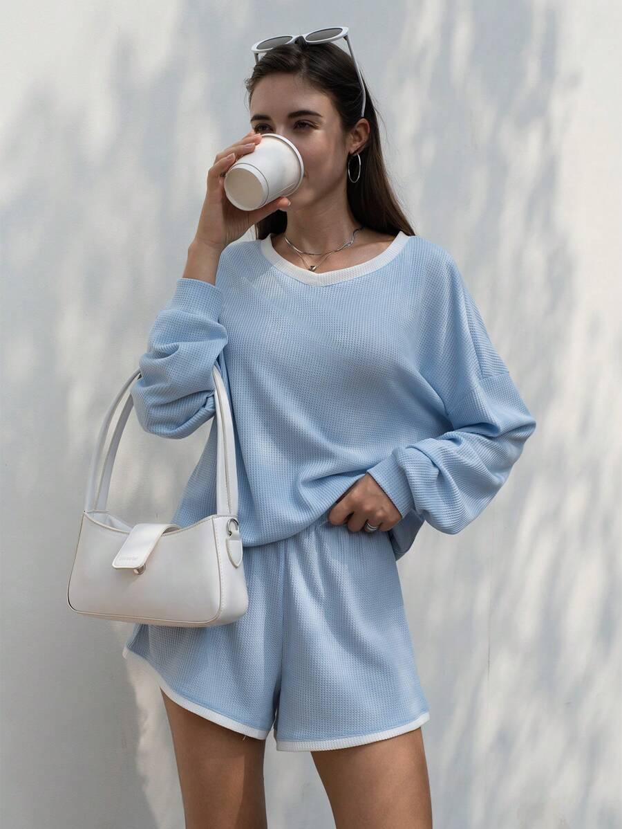 INAWLY 2 件女式不对称领宽松长袖上衣和短裤休闲套装，春秋季