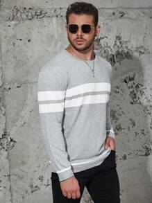 Manfinity Homme 大码男士条纹圆领休闲针织毛衣，秋冬款