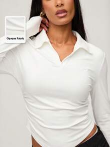 SHEIN BASICS Casual Solid Color Knit Collared Half-Button Front Fitted Long Sleeve Blouse With Pleated Sides For Women, Cozy Chic, Daily Commute