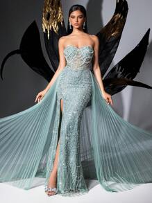 Vestido de fiesta formal con lentejuelas Glamour Goddess de LUVISTRUE - Vestido de noche de lujo para mujer para alfombra roja, fiesta de cumpleaños, temporada de baile de graduación, galas, baile benéfico, ceremonia de premios, en unicolor con cuello sin tirantes, encaje y abertura