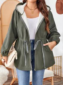SHEIN LUNE Plus Size Drawstring Hooded Long Sleeve Fleece Casual Loose Lightweight Coat Winter Women Fuzzy Winter Hoodie Green Holiday - Army Green - View 3