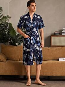 男士全印花系带短袖家居服、日常休闲服 - 藍色 - 查看 4