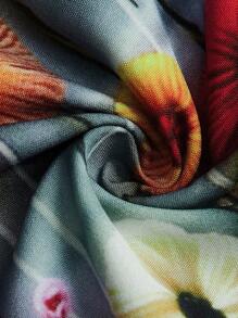 SHEIN LUNE 圆领 3/4 袖 A 字形花卉印花优雅浪漫大码女式派对连衣裙 - 彩色 - 查看 4