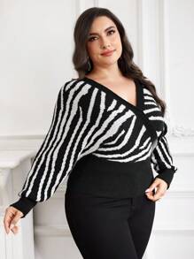 Modelyn 大码女式斑马纹 V 领蝙蝠袖长袖休闲套头衫秋季 - 黑與白 - 查看 4