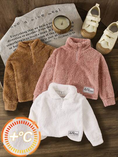 SHEIN Conjunto de 3 piezas de sudadera corta informal de forro polar liso con cuello alto y media cremallera para niña joven, de forro polar por ambos lados, cálido