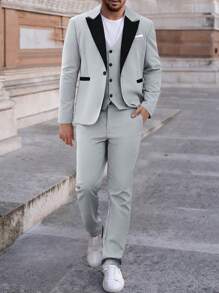 Manfinity Mode 2pcs Men's Contrasting Collar Jacket And Trousers Suit - Grey - View 7