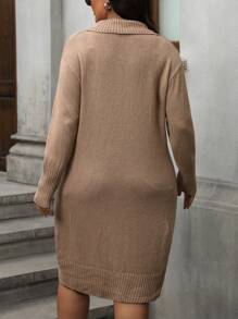 SHEIN LUNE Plus Size Solid V-Neck Casual Long Sleeve Sweater Dress - Camel - View 2