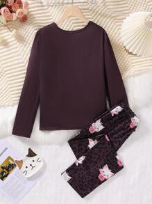 2pcs Tween Girl Cute Cat Pattern Long Sleeve Top And Leopard Cat Print Pants Homewear Set - Multicolor - View 2