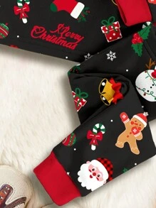 SHEIN 圣诞圣诞老人、驯鹿、拐杖糖图案圆领运动衫和裤子贴身睡衣套装，适合女婴，休闲舒适秋冬 - 彩色 - 查看 5