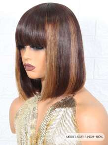 Highlight Short Straight Bob Colored Human Hair Wigs With Bangs Ombre Real Affordable Hair Replacement Wig For Women Cheap Silky Wig For Beginner Friendly Wear To Go Wig - S3/30/33 - View 2