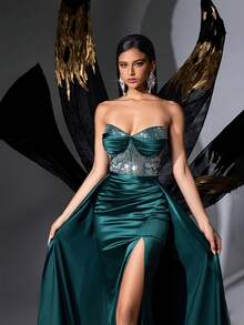 QOQ Charming Dark Green Rhinestone Pleated Split Bodice Women Gown Dresses Suitable For Banquets, Parties - Dark Green - View 6