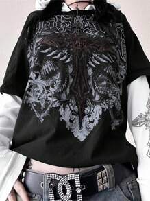 Áo thun tay dài Y2K Grunge, họa tiết in chữ thập cổ điển, phong cách Gothic 2 trong 1 - màu đen - Xem 3