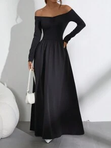 SHEIN Black Friday x Star Picks SHEIN Unity Gaun Off-Shoulder Minimalis Elegan Lengan Panjang Warna Polos dengan Detail Kerut, Kasual untuk Pemakaian Sehari-hari - Hitam - View 5